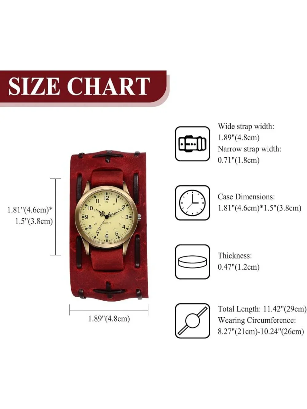Unisex Red Analog Quartz Arabic Numerals Wide Leather Strap Vintage Wrist Watch - Picture 6 of 6